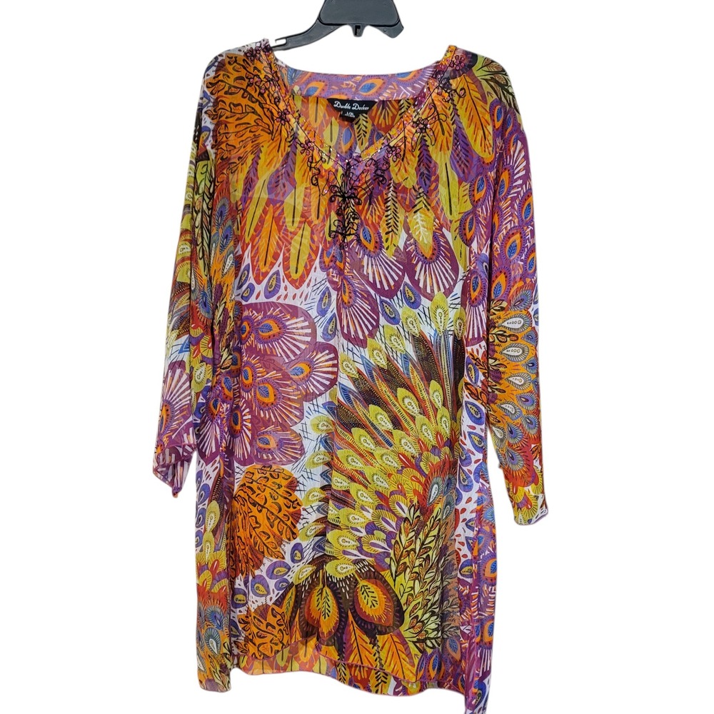 Womens L/XL Tunic Top Multicolor‎ Peacock Print Beaded V-Neck Rayon Boho Coverup